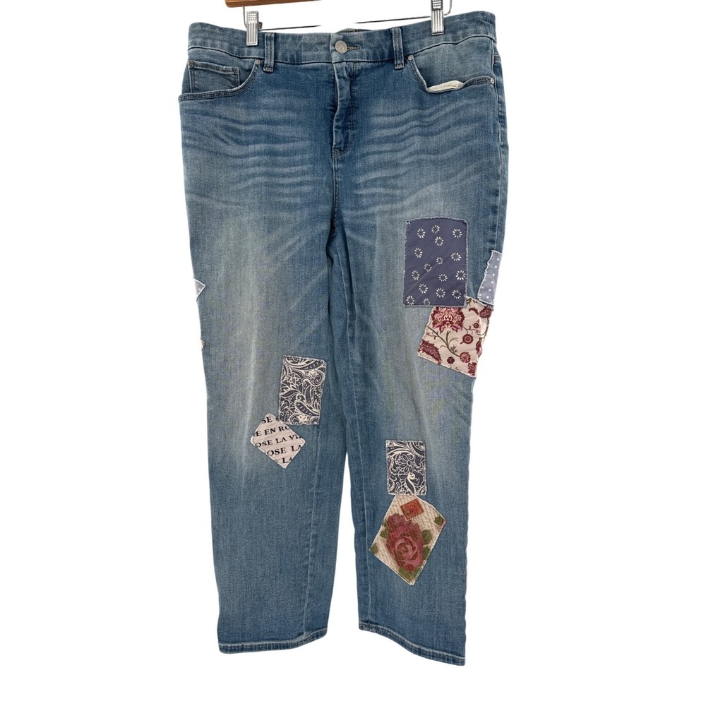 Chicos So Slimming Patchwork Embellished Blue Jeans Size 2 Size 12 regular